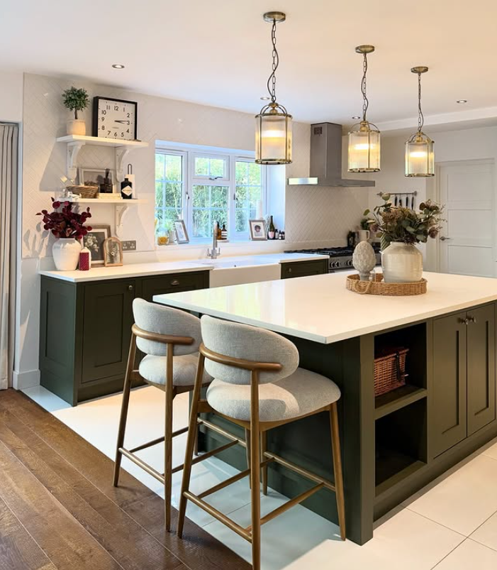 Modern Farmhouse Kitchen Featuring a Deep Green Island