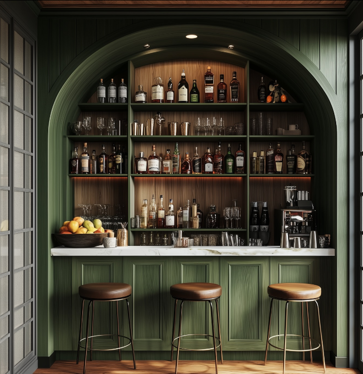 Elegant Arched Mini Bar with Green Cabinetry