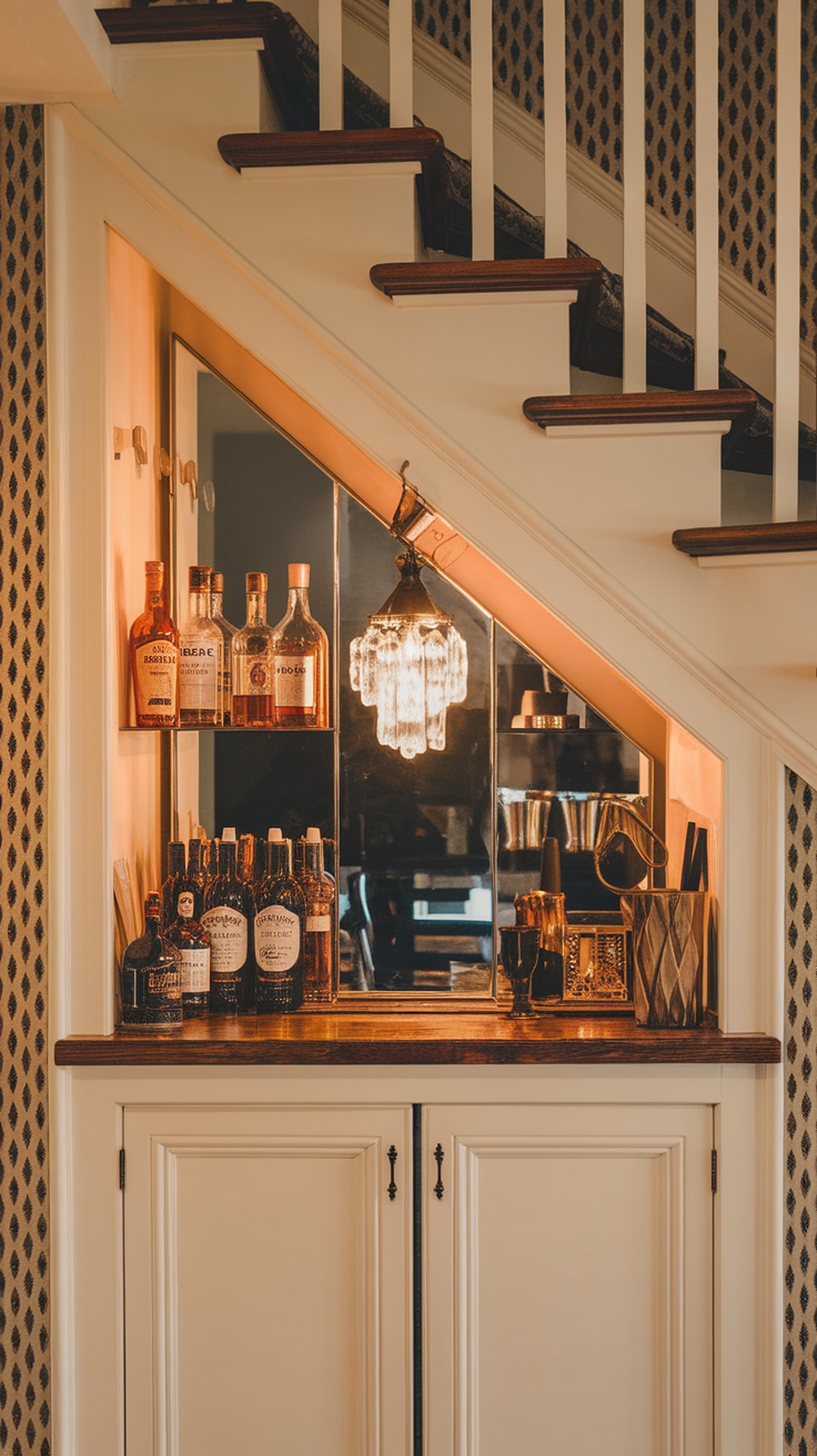 A stylish mini bar setup under a staircase with shelves displaying various bottles and a warm light fixture.