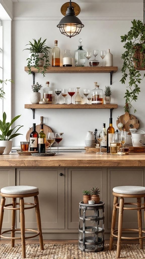 A stylish basement bar with wooden shelves displaying various glassware and bottles, surrounded by plants.