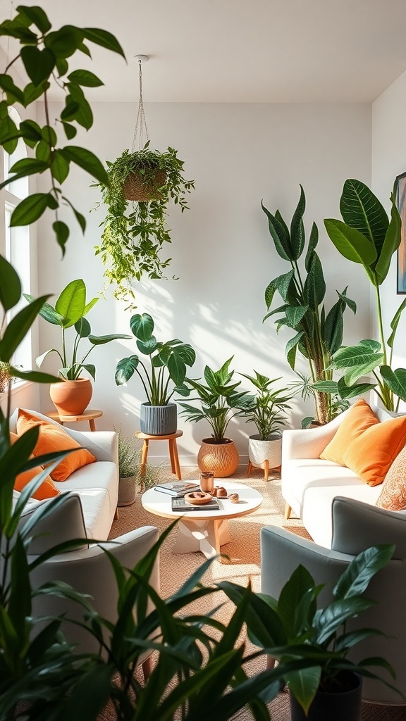 A cozy living room filled with various indoor plants, featuring a mix of hanging and potted plants, complemented by soft furnishings.