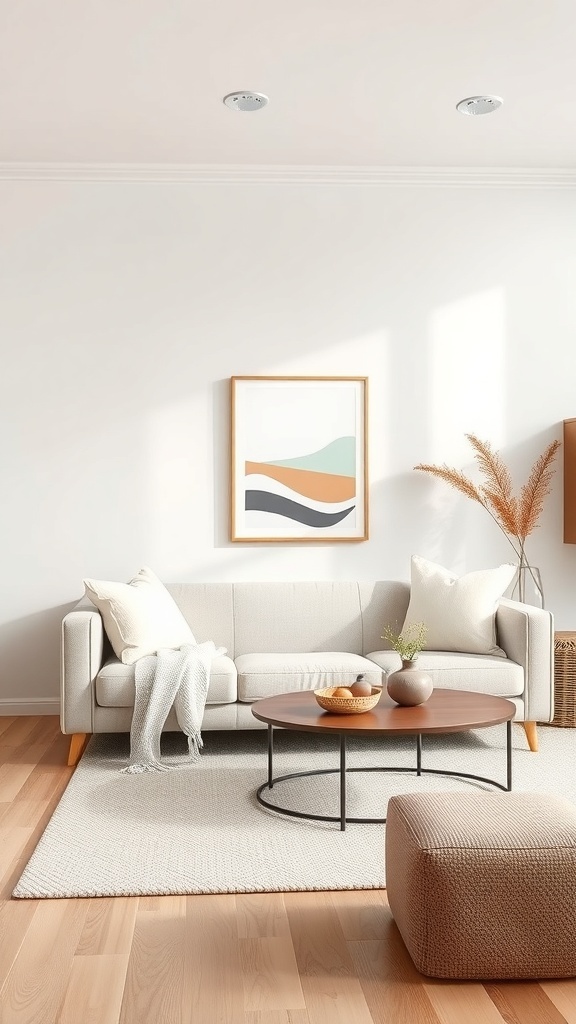 A minimalistic living room featuring a light-colored sofa, wooden coffee table, and neutral decor.
