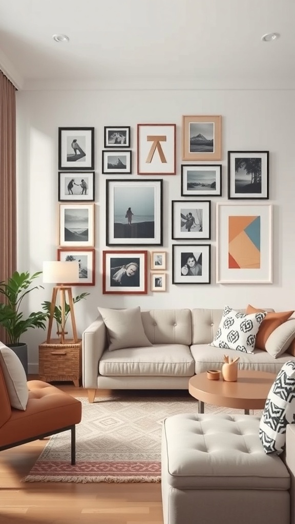 A cozy living room featuring a gallery wall with various framed photos and art pieces.