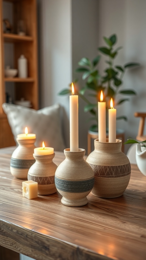 A collection of DIY candle holders with candles lit on a wooden table.