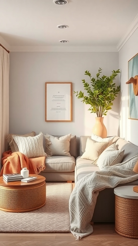 Cozy living room with layered textiles, including throw blankets and cushions, showcasing a warm and inviting atmosphere.