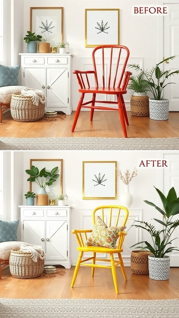 Before and after images of a chair transformation with paint.