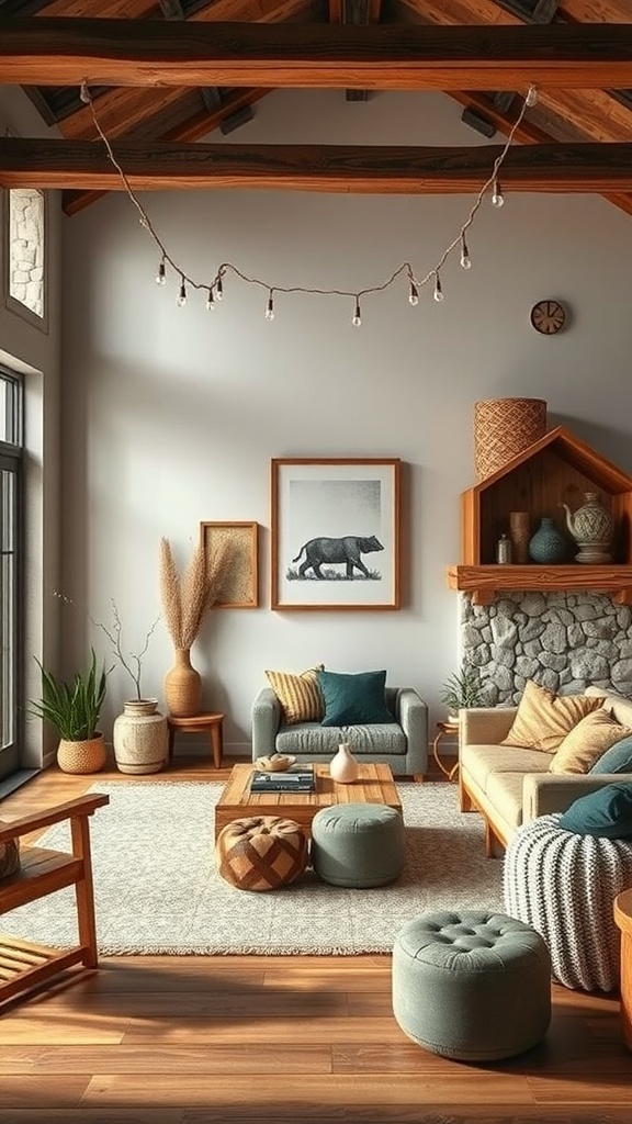 A cozy living room with wooden beams, stone fireplace, plants, and rustic decor.