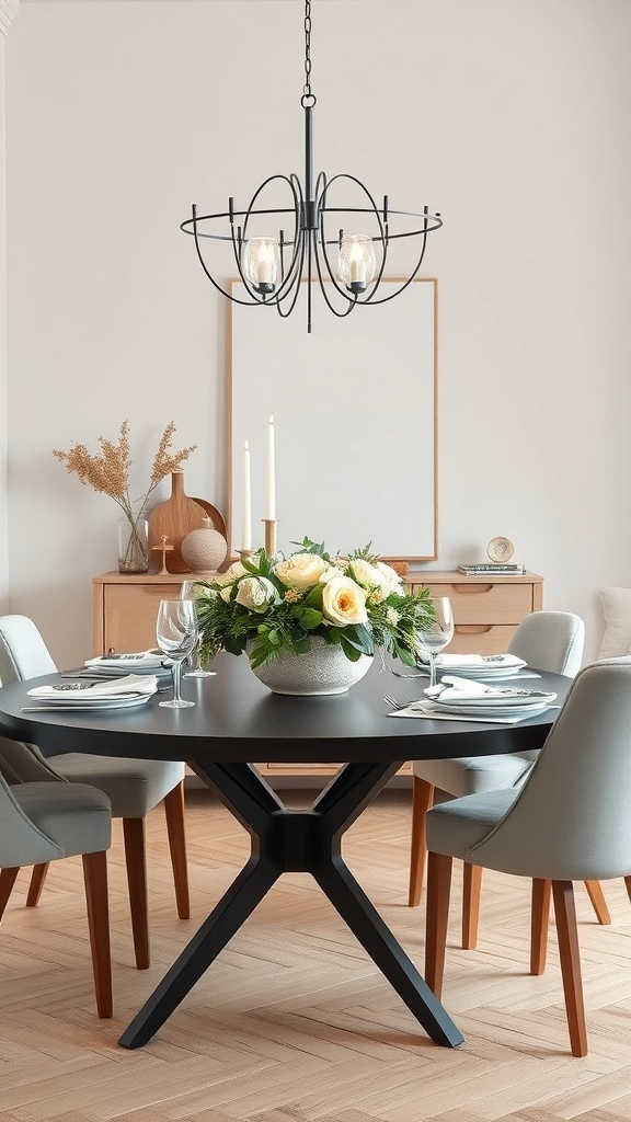 A modern dining table with a floral centerpiece, elegant tableware, and a stylish chandelier.