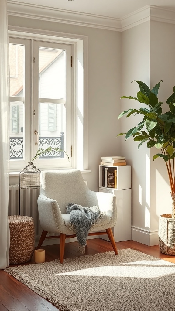 A cozy reading nook featuring a soft armchair, a throw blanket, a potted plant, and natural light from large windows.