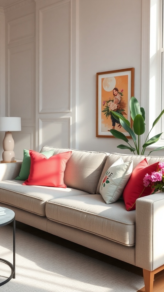 A cozy living room with a beige sofa decorated with colorful accent pillows and a piece of artwork on the wall.