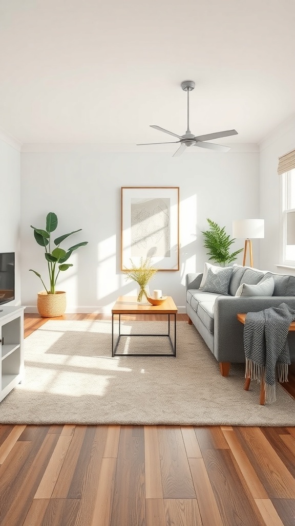 A cozy living room featuring a light area rug that defines the seating area, with a gray sofa, wooden coffee table, and plants.