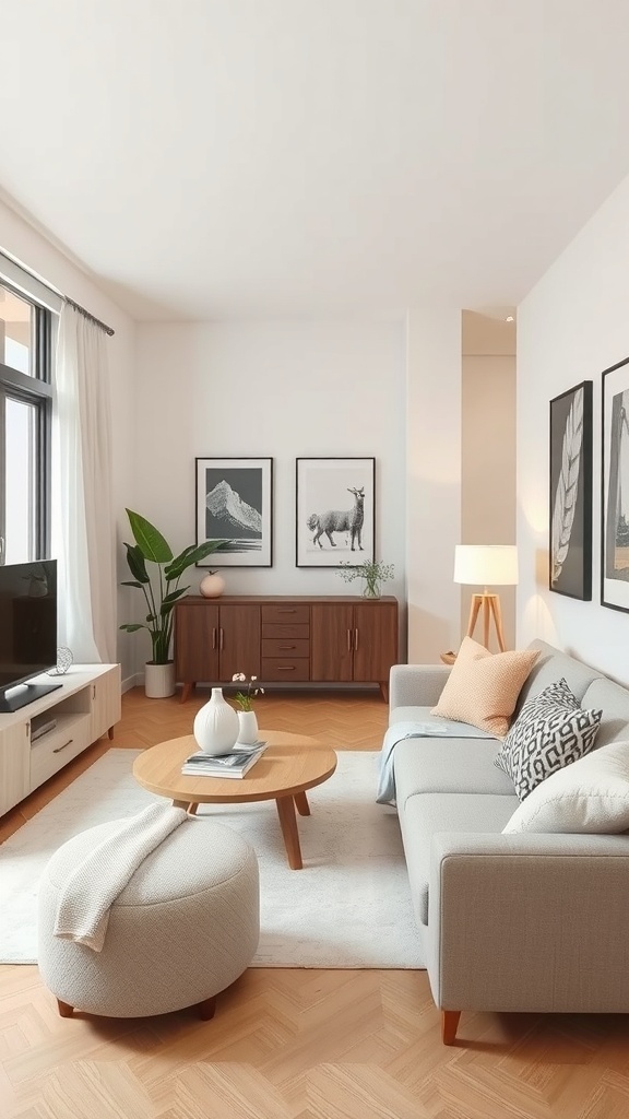 A cozy living room featuring a modern sofa, round coffee table, and framed art on the walls.