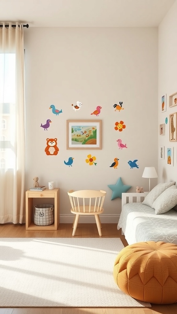 A bright room featuring colorful wall decals of animals and flowers, creating a cheerful atmosphere.