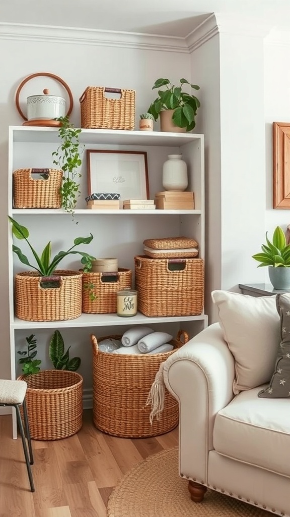A stylish shelf with various woven baskets, plants, and decorative items, showcasing organized storage ideas.
