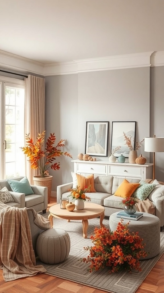 A cozy living room decorated with seasonal decor, featuring warm colors, pumpkins, and autumn foliage.