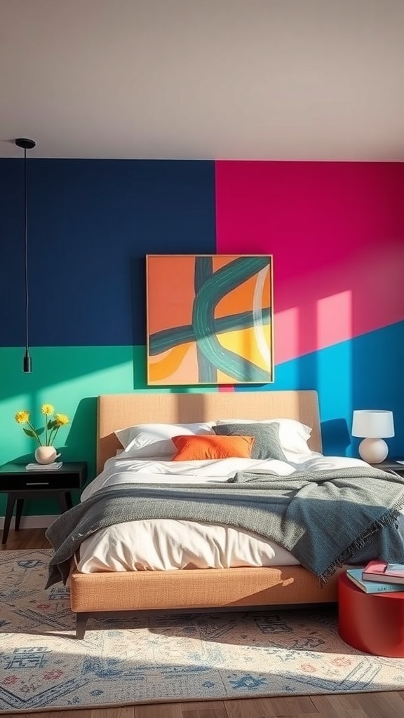 A modern bedroom featuring a bold accent wall with pink, blue, and green colors, complemented by a simple bed and artwork.