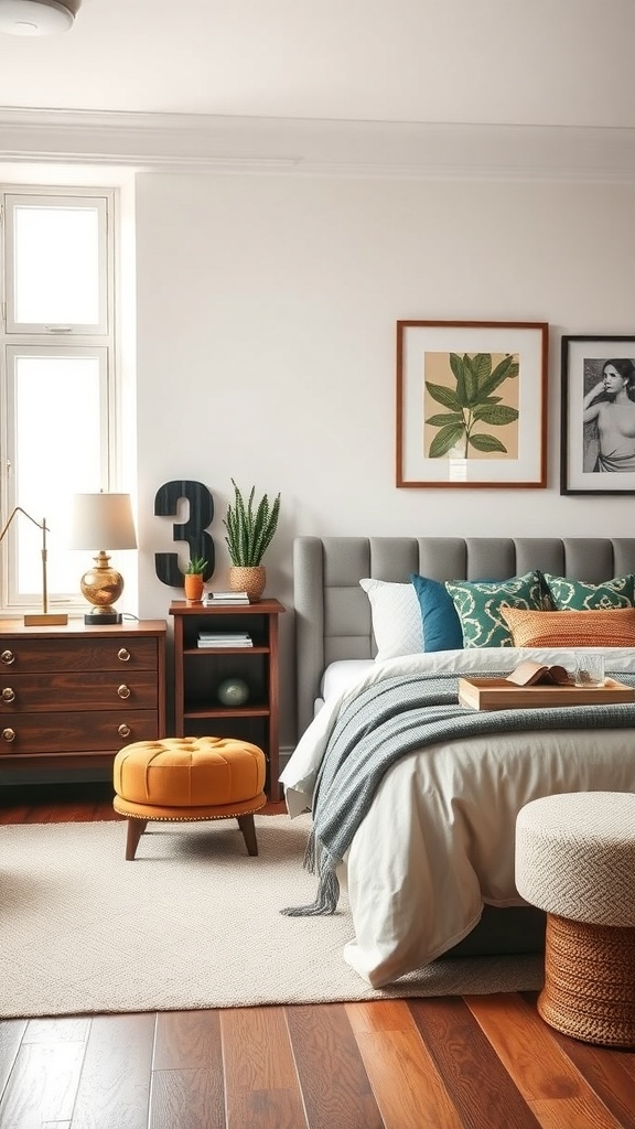 A modern bedroom featuring a mix of vintage and contemporary design elements, including an upholstered headboard, wooden furniture, and colorful accents.