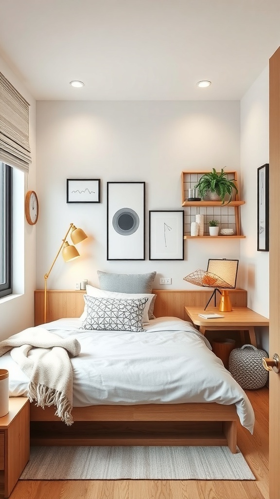 A modern small bedroom featuring multi-functional furniture, including a bed, desk, and wall-mounted shelves.