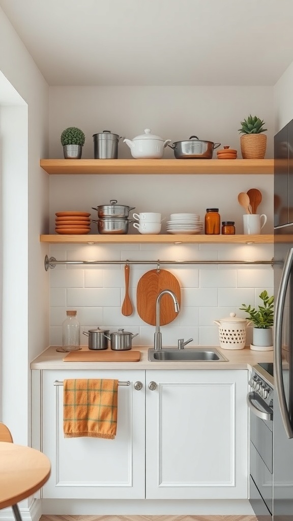 A cozy kitchen showcasing open shelves filled with cookware, dishes, and ornamental objects.