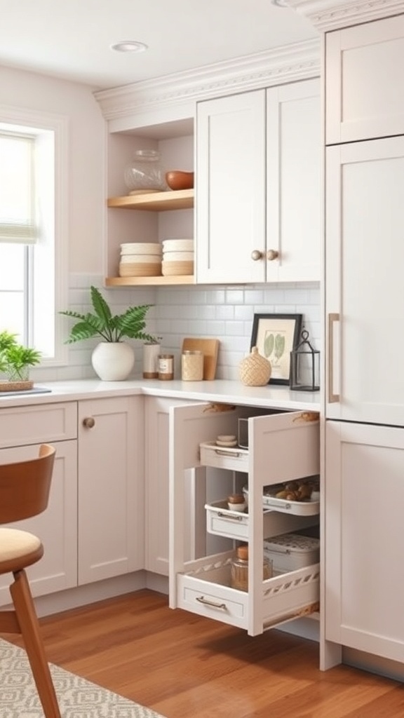 Charming corner cabinet equipped with open shelves and drawers for stylish storage.
