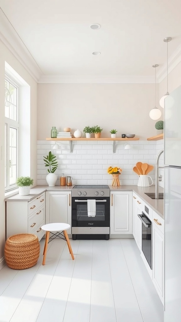 A light and inviting kitchen featuring white cabinetry and soft wood accents.