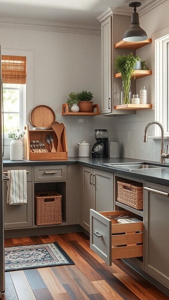 A small kitchen featuring creative under-counter storage solutions with open shelves and wooden baskets.