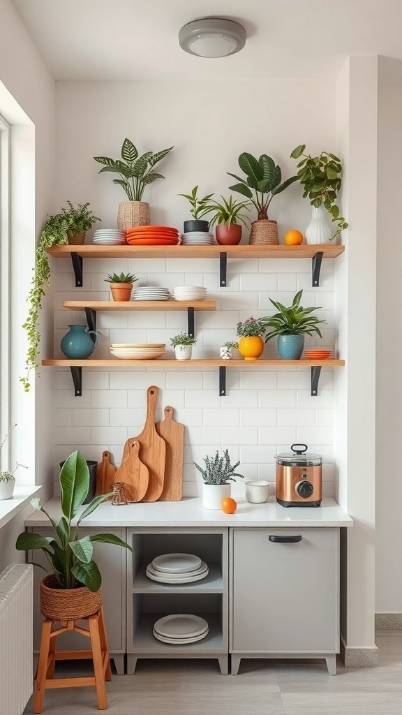 Stylish open shelves displaying colorful dishes, plants, and cutting boards in a small kitchen.