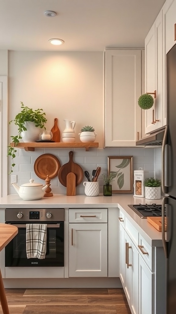 A kitchen with decorative items and plants arranged on a shelf above the cabinets.