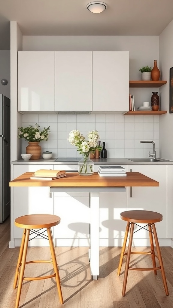 A smart kitchen arrangement with a compact table that serves as both workspace and dining area, complete with open shelving.