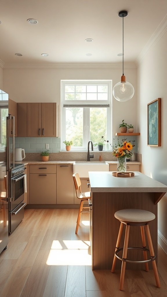 A sleek kitchen with a foldable island, bar stools, and floral accents, illuminated by natural light.