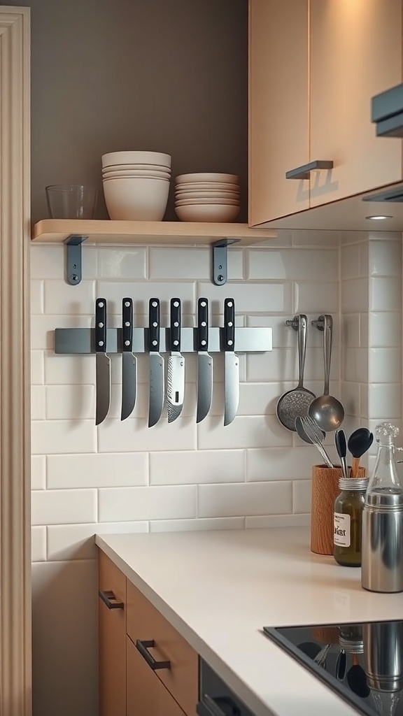 Organized kitchen with a magnetic strip holding knives against the wall.