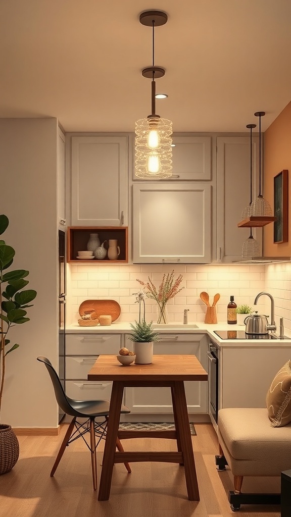 A cozy kitchen illuminated with bright pendant lights, featuring white cabinetry and a natural wood table.