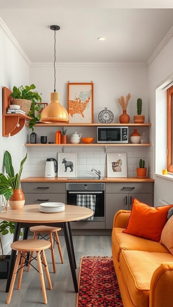 A bright kitchen infused with color through decorative items and accents, including an orange sofa.