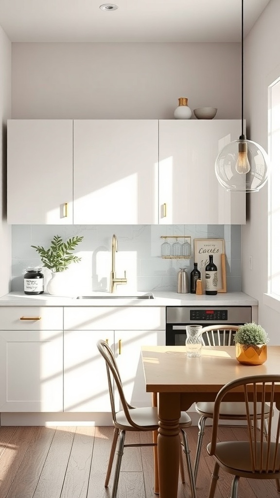 Bright kitchen featuring a mirror, white cabinets, wooden table, and a pendant light.
