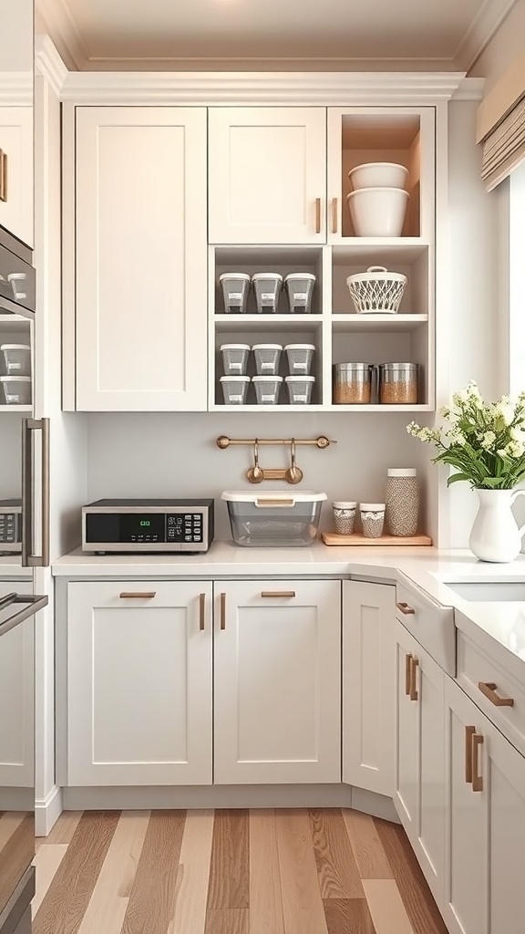 Well-organized kitchen corner showcasing stackable storage solutions with clear containers.