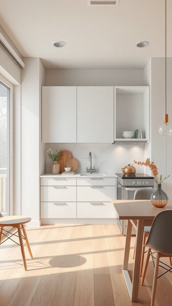Sleek small kitchen with a sliding door that connects to a bright outdoor area.
