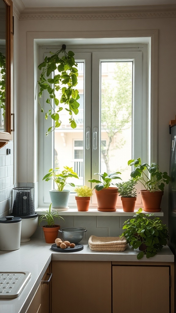 A radiant kitchen window displaying an array of potted plants, including herbs.