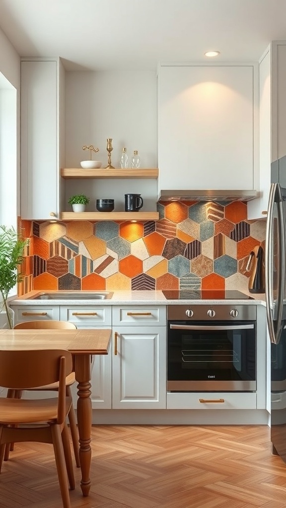 A small kitchen with a colorful hexagon-tiled backsplash and understated cabinetry.