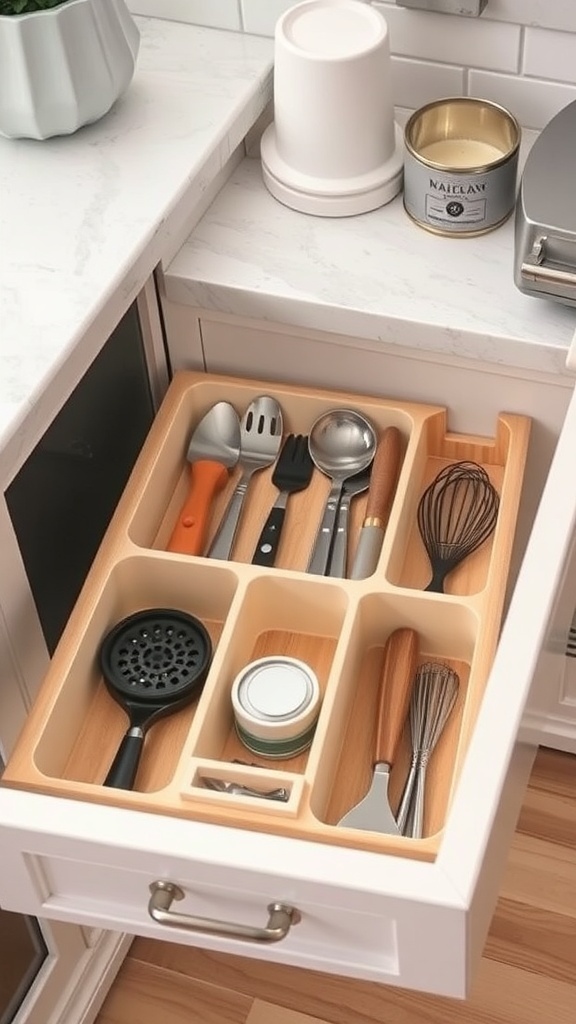 Neatly organized kitchen drawer featuring wooden dividers separating utensils.