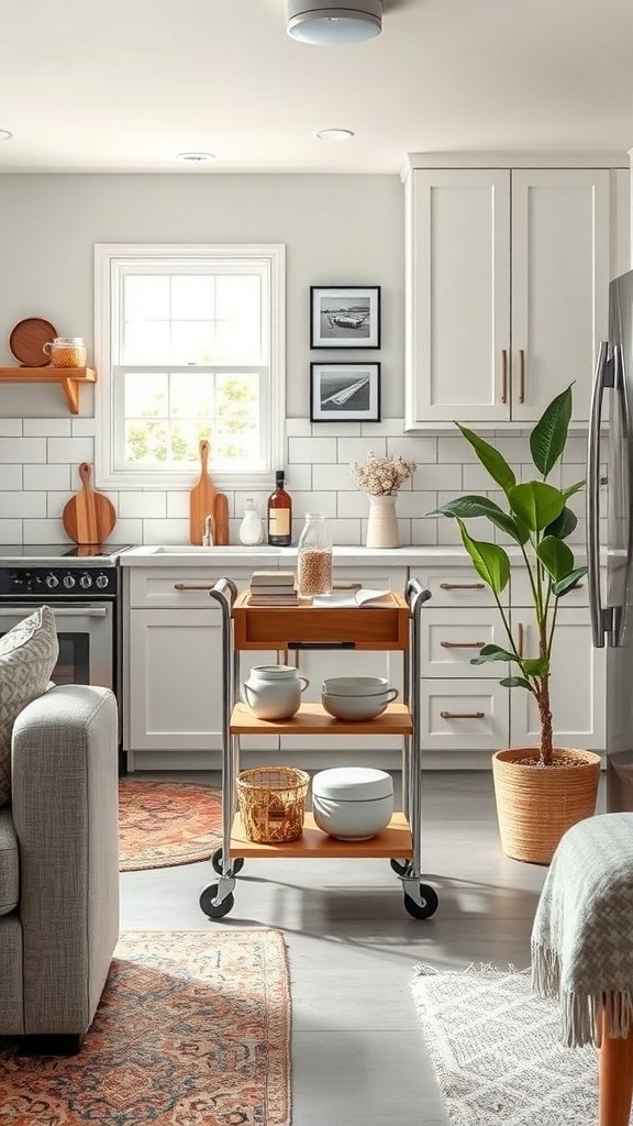 A chic mobile kitchen cart with wooden shelves holding dishes and decorative accents.