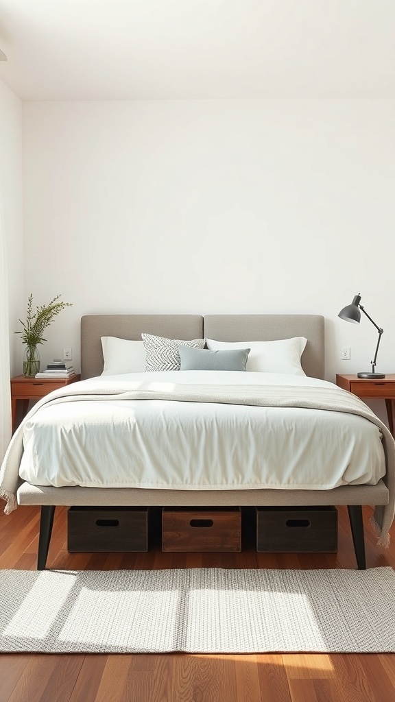 A minimalist bedroom with a bed featuring under-bed storage boxes, a soft rug, and subtle decor.