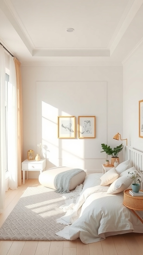 A charming small bedroom characterized by light shades, soft bedding, and plenty of natural light.