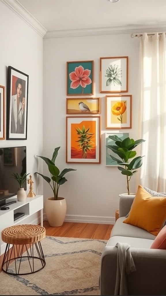 A warm corner of a small bedroom showcasing a gallery wall embellished with colorful framed art, a plant, and a cozy sofa.