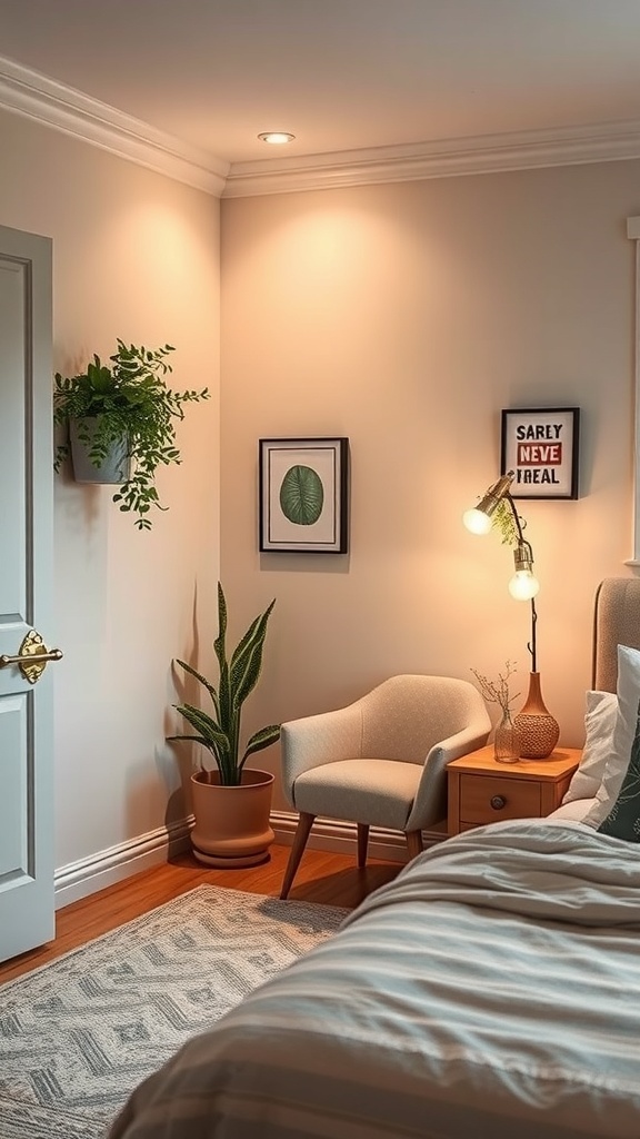 A cozy nook in a small bedroom featuring a chair, side table, plant, and artwork.