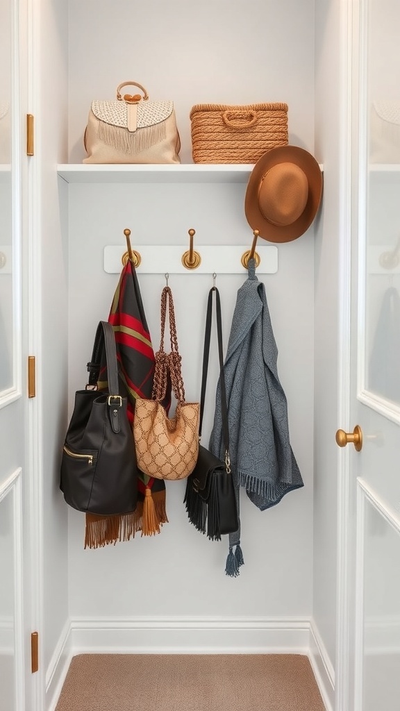 A small closet with hooks displaying various bags and accessories, along with a shelf containing a woven basket and a handbag.