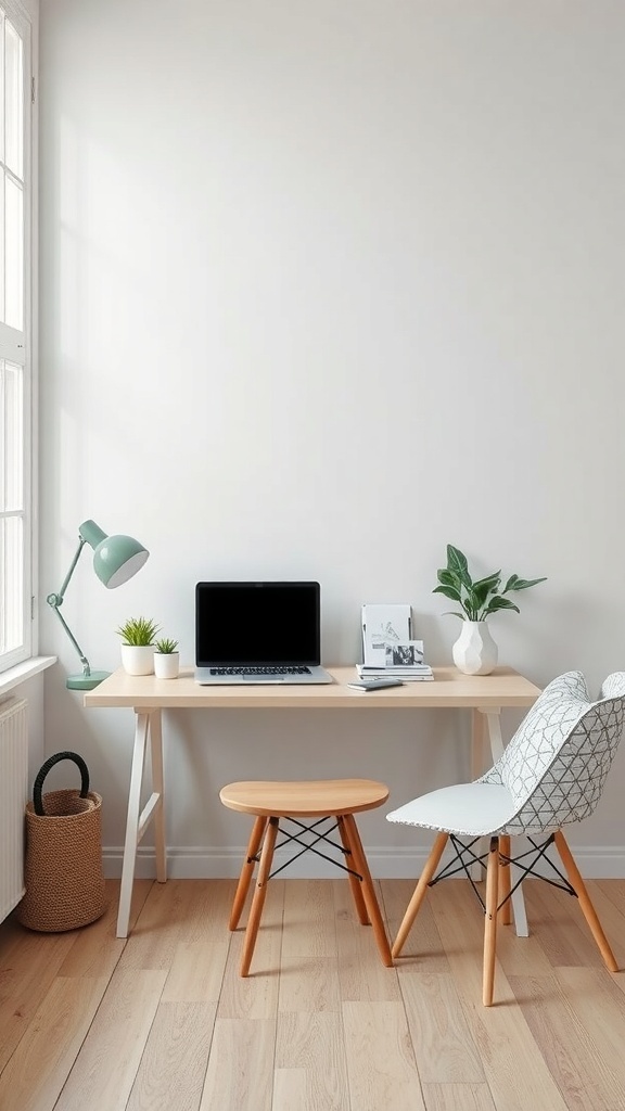 A minimalist desk arrangement featuring a light wood desk, laptop, stylish lamp, and a small plant.