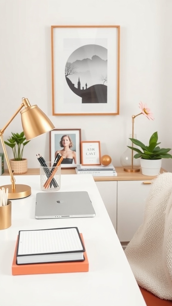 A chic desk setup featuring a desk lamp, organized stationery, a laptop, and green plants, creating a functional work area.