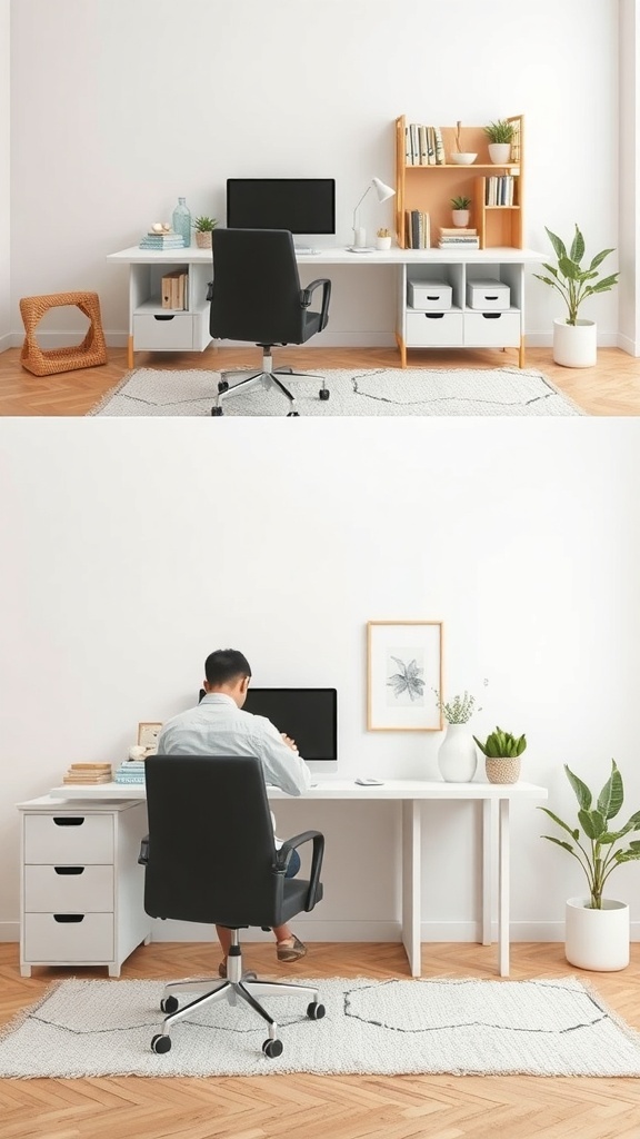 An orderly desk with a computer, chair, and greenery, illustrating an effective cleaning routine.