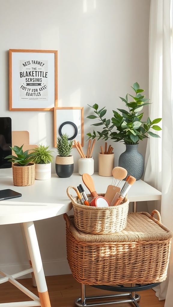A neat desk featuring various baskets and containers used for storage, complemented by plants and office supplies.