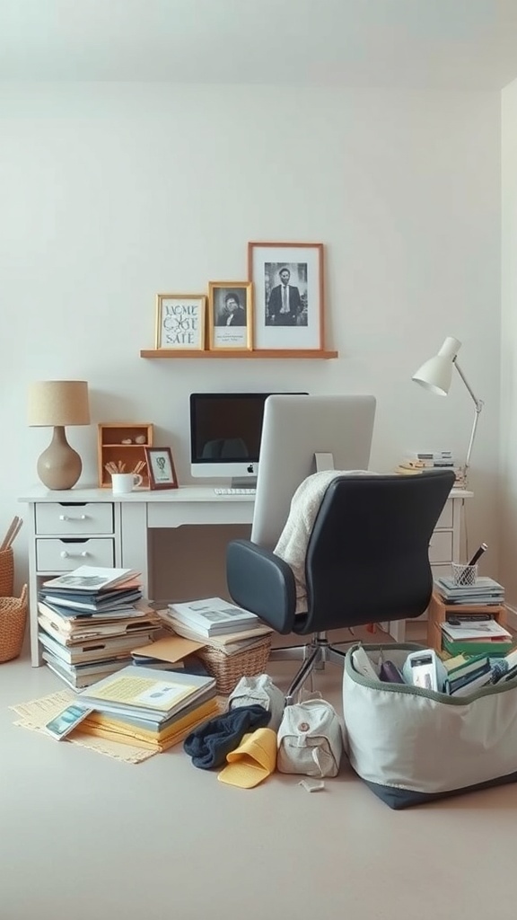 A cluttered desk with piles of papers, a computer, and dispersed items, indicating the importance of regular decluttering.